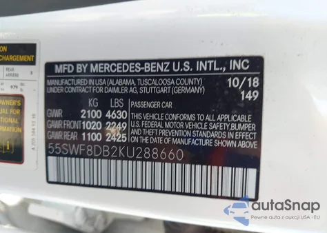 2019 Mercedes-Benz C 300 из США, поврежденный, VIN 55SWF8DB2KU288660